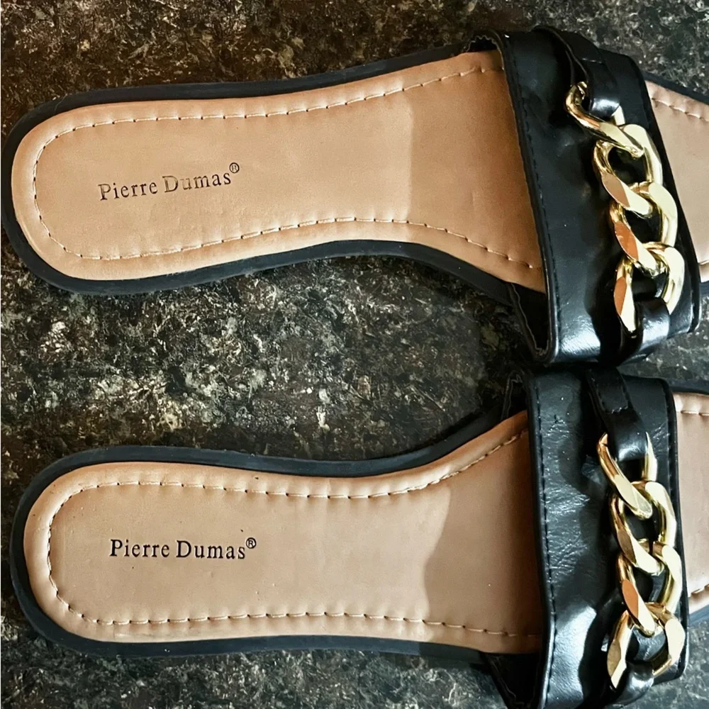 Pierre Dumas Black Sandals with Gold Chain Accent